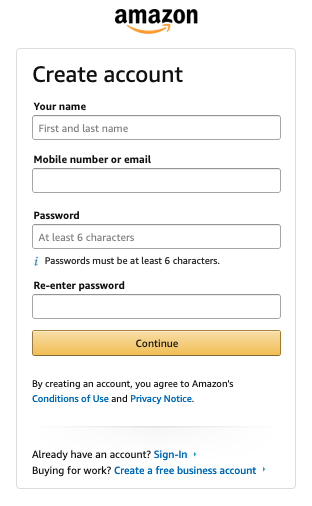 Amazon account creation