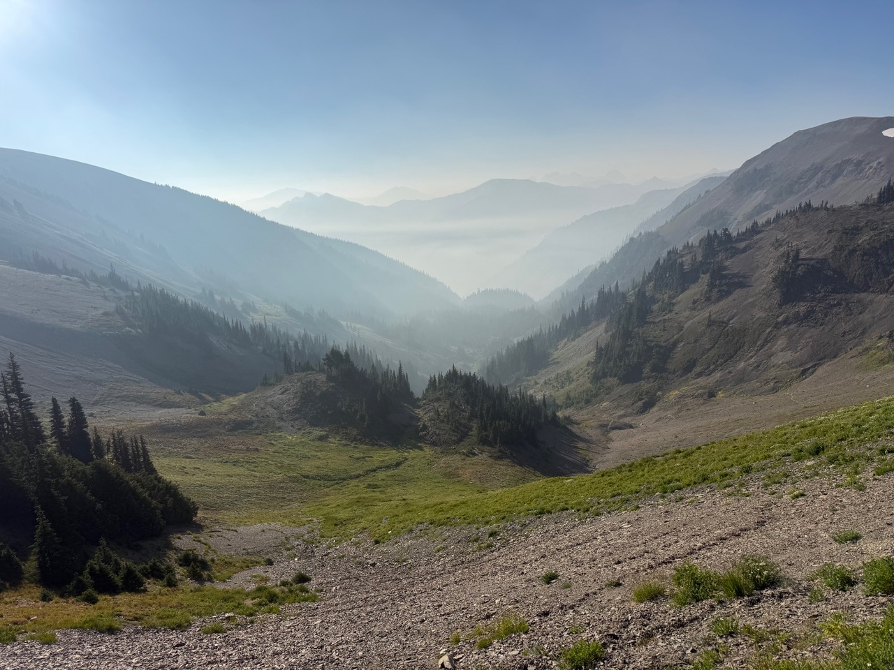 Smoke in the valley from the approach to Obstruction Point